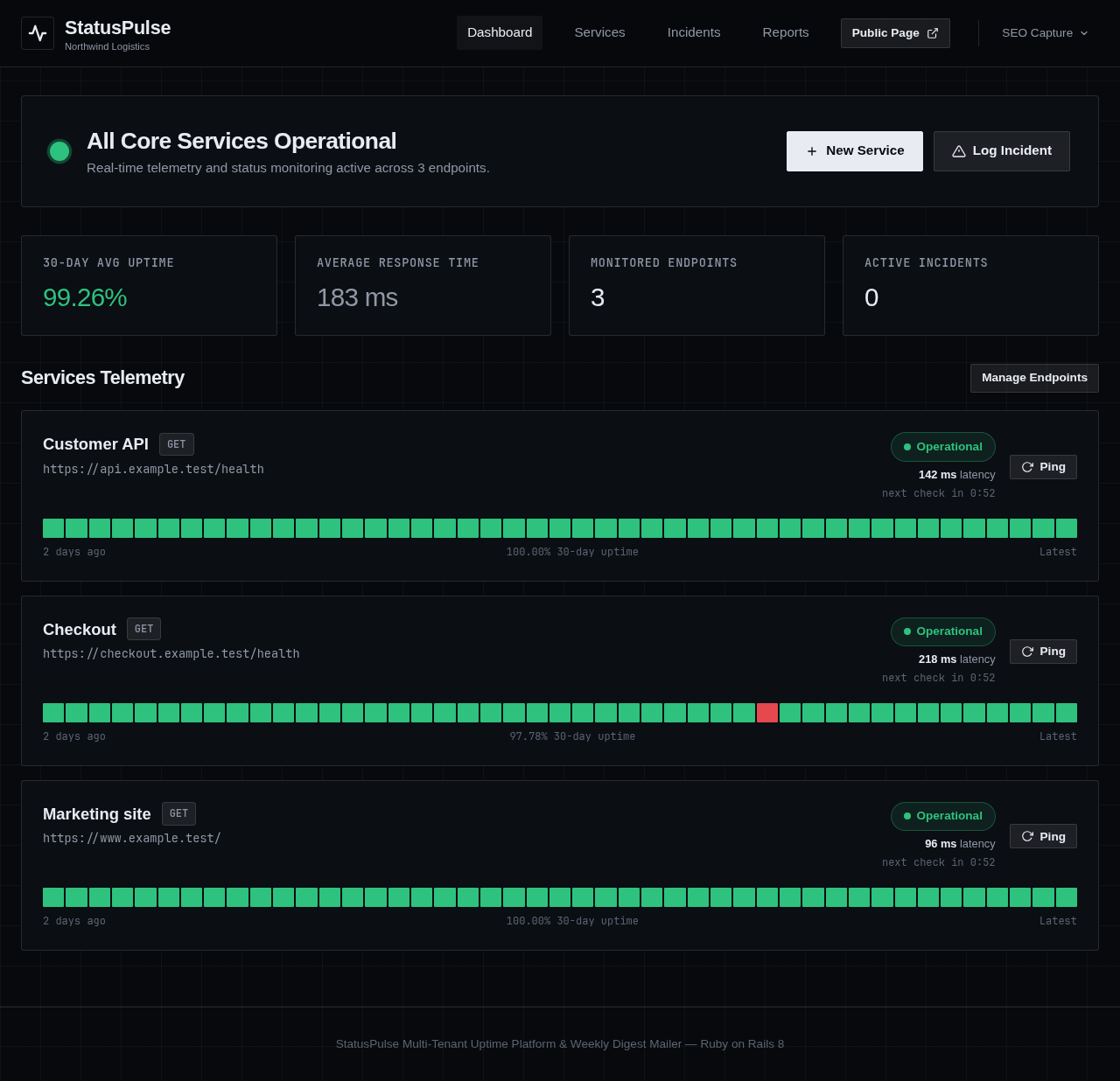 StatusPulse workspace dashboard with three monitored endpoints, uptime metrics, latency, and check-history strips